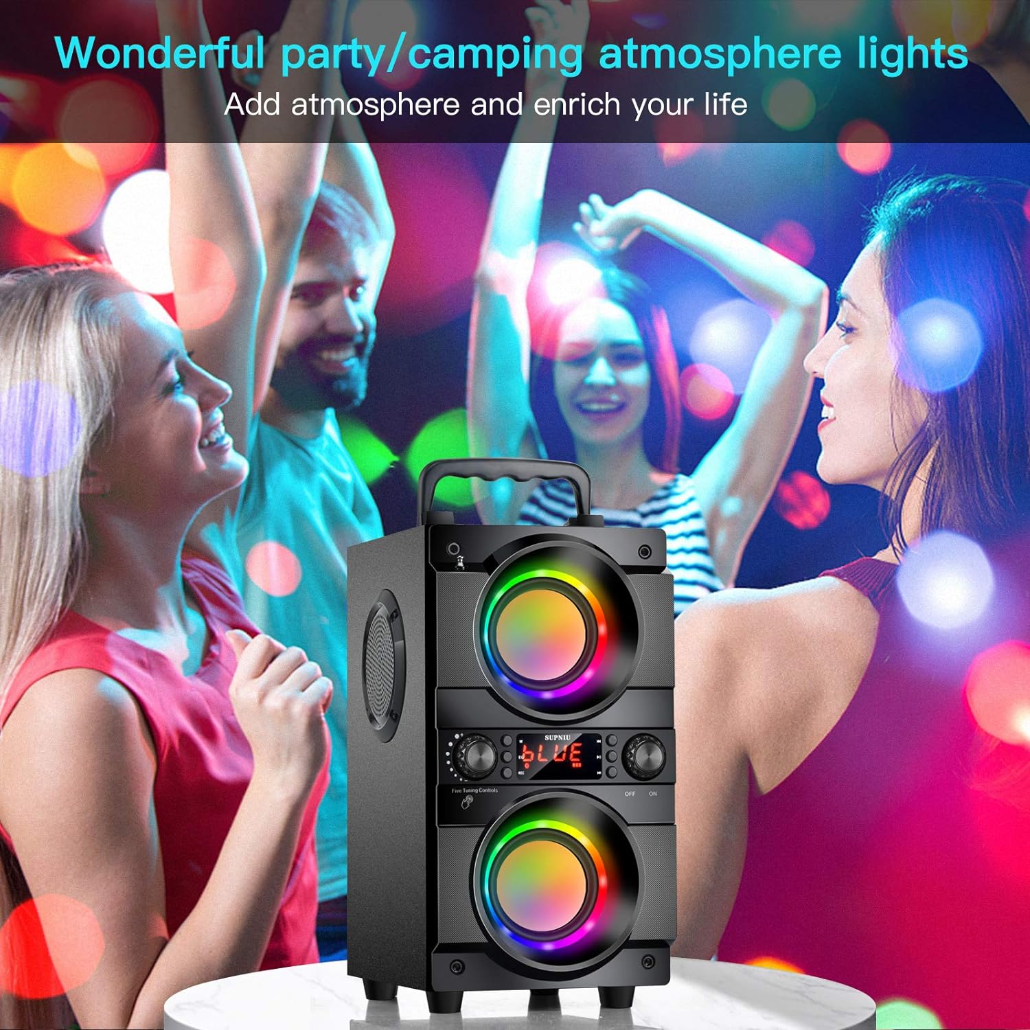 60W (80W Peak) Portable Bluetooth Speaker with Double Subwoofer Heavy Bass, Bluetooth 5.0 Wireless 100ft Outdoor Speaker, Support FM Radio, LED Colorful Lights, Stereo Sound, for Home, Party, Travel: Home Audio & Theater