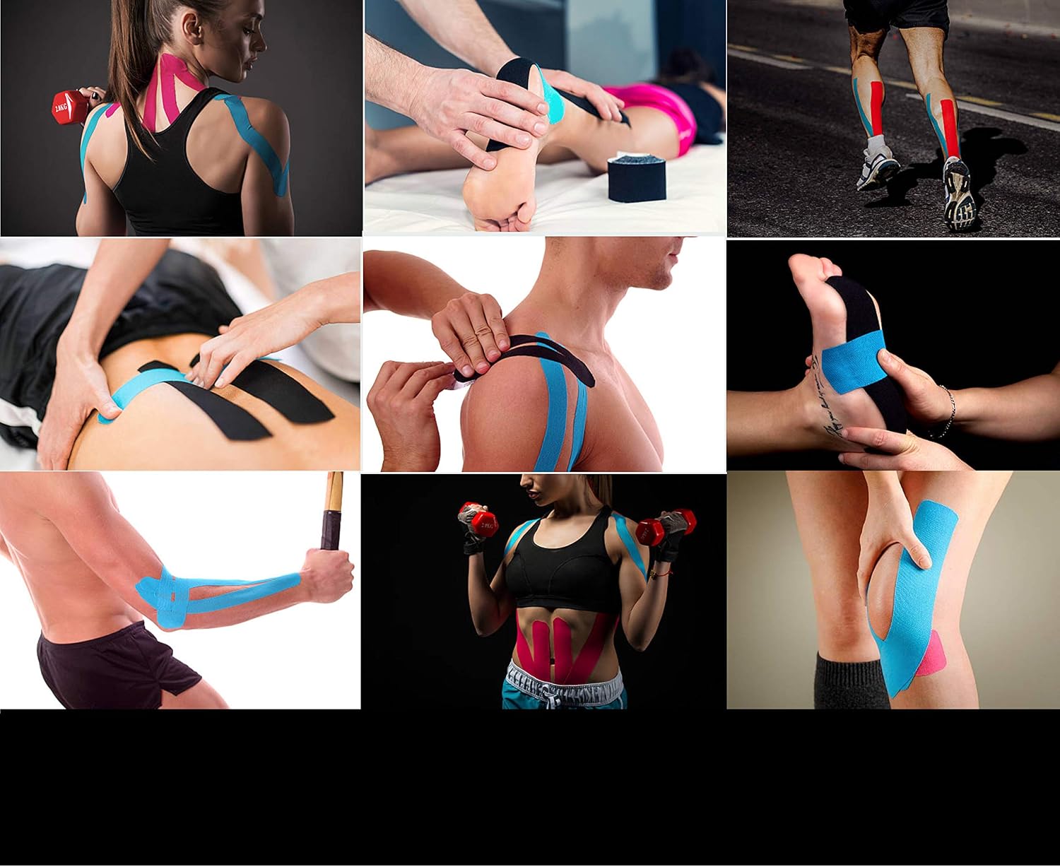 (2 Pack) Kinesiology Tape for Physical Therapy Sports Athletes – Latex Free Elastic, 16ft Water Resistant Kinetic Uncut Kinesio Tape for Knee Pain, Elbow & Shoulder Muscle - Black: Health & Personal Care