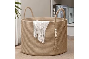 Goodpick Large Wicker Laundry Basket Jute Woven Basket for Clothes, Shoes, Towels, Decorative Storage Basket in Living Room, Bathroom, Entryway, Round Toy Basket 17.7 x 12.6 Inches, Jute