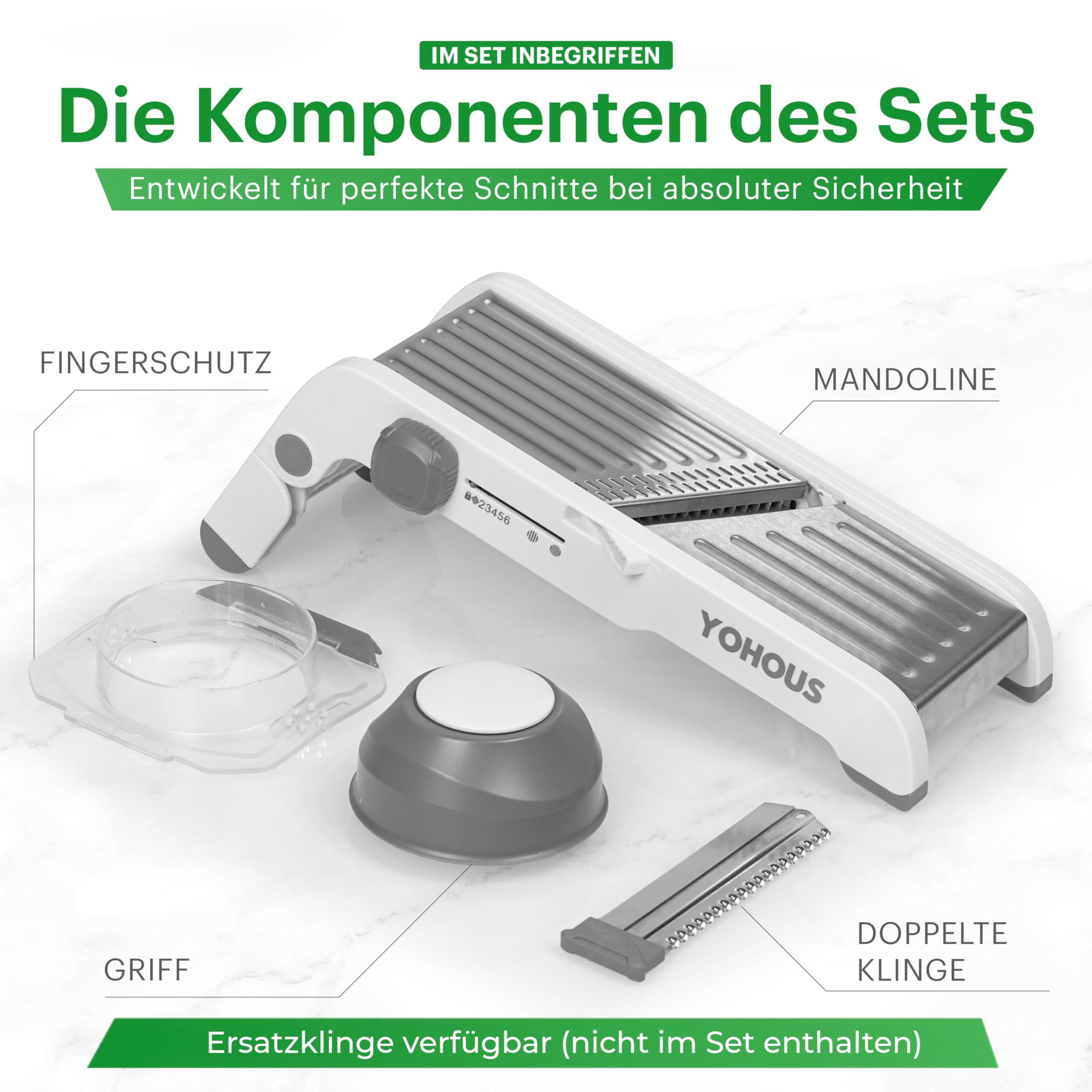 YoHous Gemüsehobel Mandoline Edelstahl – Professioneller Gemüseschneider mit einstellbarer Schnittstärke, Julienne/Würfel/Scheiben, spülmaschinengeeignet 5