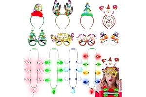 Blowata 12 PCS Christmas Party Favors, Light Up Christmas Necklace Headband Glasses Set, Candy Cane Snowflake Tree Bulb Necklace LED Headband Flashing Eyeglasses for Xmas Gifts, Christmas Accessories