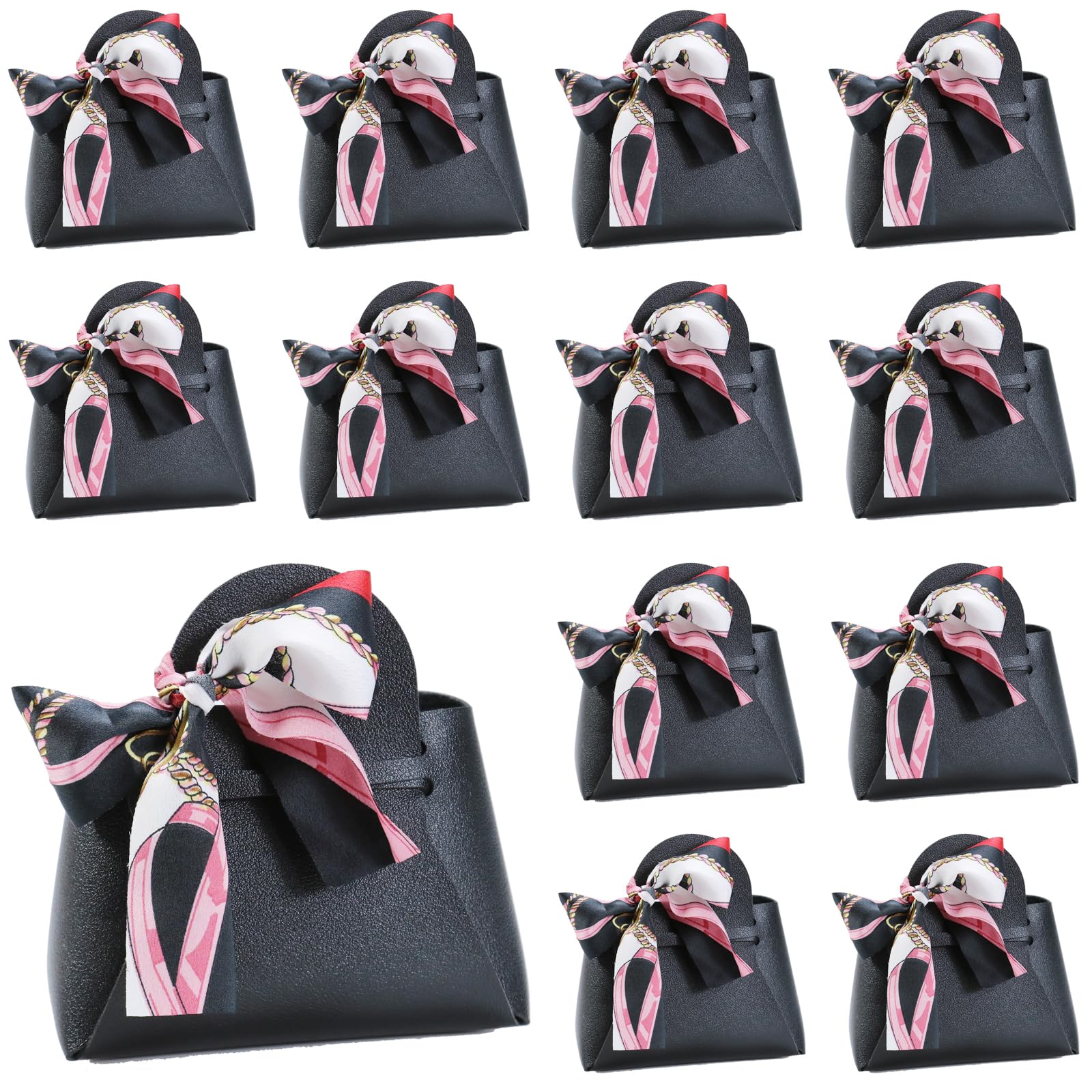Photo 1 of 12 Pack Leather Ribbon Candy Bag Gift Bags PU Wedding Gift Bags with Handle Ribbon Reusable Party Favor Boxes for Weddings Birthdays Christmas Baby Showers Halloween(Black)