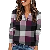 Gloria&Sarah Womens Casual Plaid Long Sleeve Shirts V Neck Fleece Tops Fall Winter Outfits