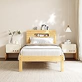 COMASACH 14 Inch High Bamboo Wood Twin XL Bed Frame with Storage Headboard, Solid Twin XL Platform Bed Frame, Metal Slats Support, Heavy Duty, No Box Spring Needed