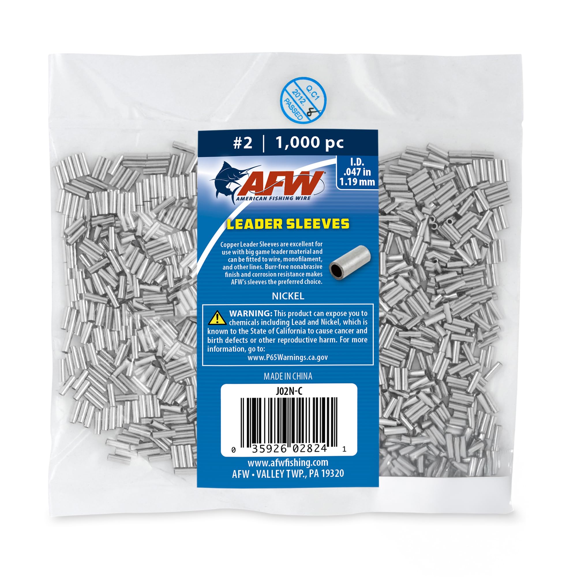 AFW American Fishing Wire Single Barrel Crimp Sleeves, Size #2/.047", Nickel, 1,000 pc