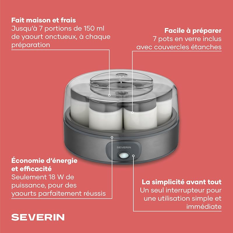Yaourtière pratique et compacte, Machine à yaourt maison 13 W, Yaourtière électrique et 7 pots de yaourt en verre de 150 ml avec couvercle, garanti sans BPA, anthracite, JG 3510