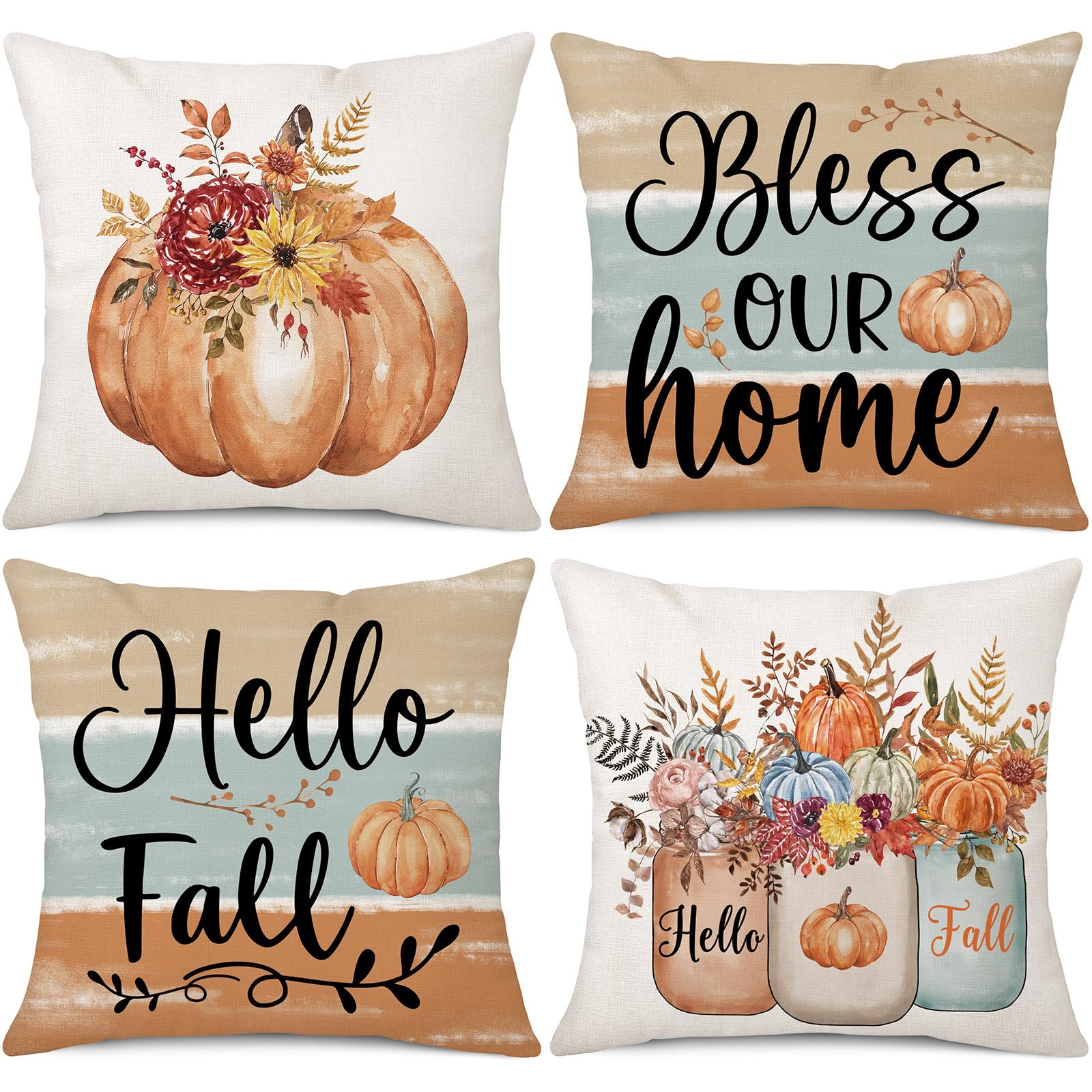 Photo 1 of Gujiahone Fall Decorative Pillow Covers 18 x 18 Inch Set of 4 Bless Our Home Hello Fall Pumpkin Flowers Mason Jar Autumn Thanksgiving Farmhouse Decoration for Sofa Couch Living Room