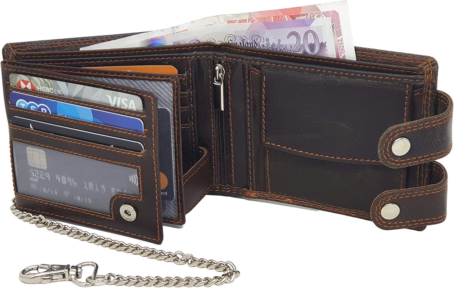 Morucha Men’s RFID Blocking Biker Chain Wallet, Genuine Distressed Hunter Leather with Removable 45cm Metal Safety Chain - Image 3