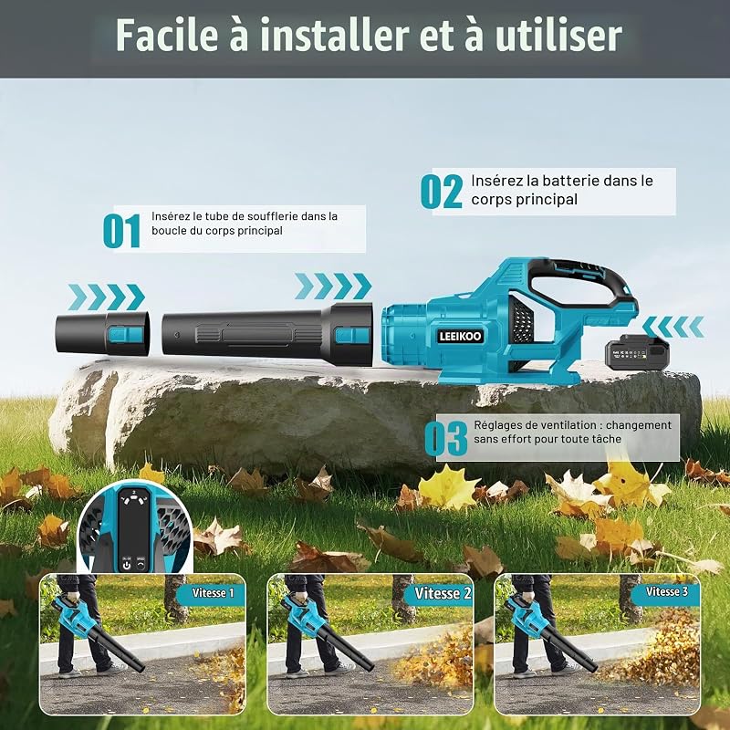 Souffleur Batterie, 21V Souffleur de Feuilles avec 2 Batteries 4,0Ah, 3 Vitesses, 2 Tubes de Soufflage, Sangle Souffleur à Batterie pour Nettoyage de Jardin
