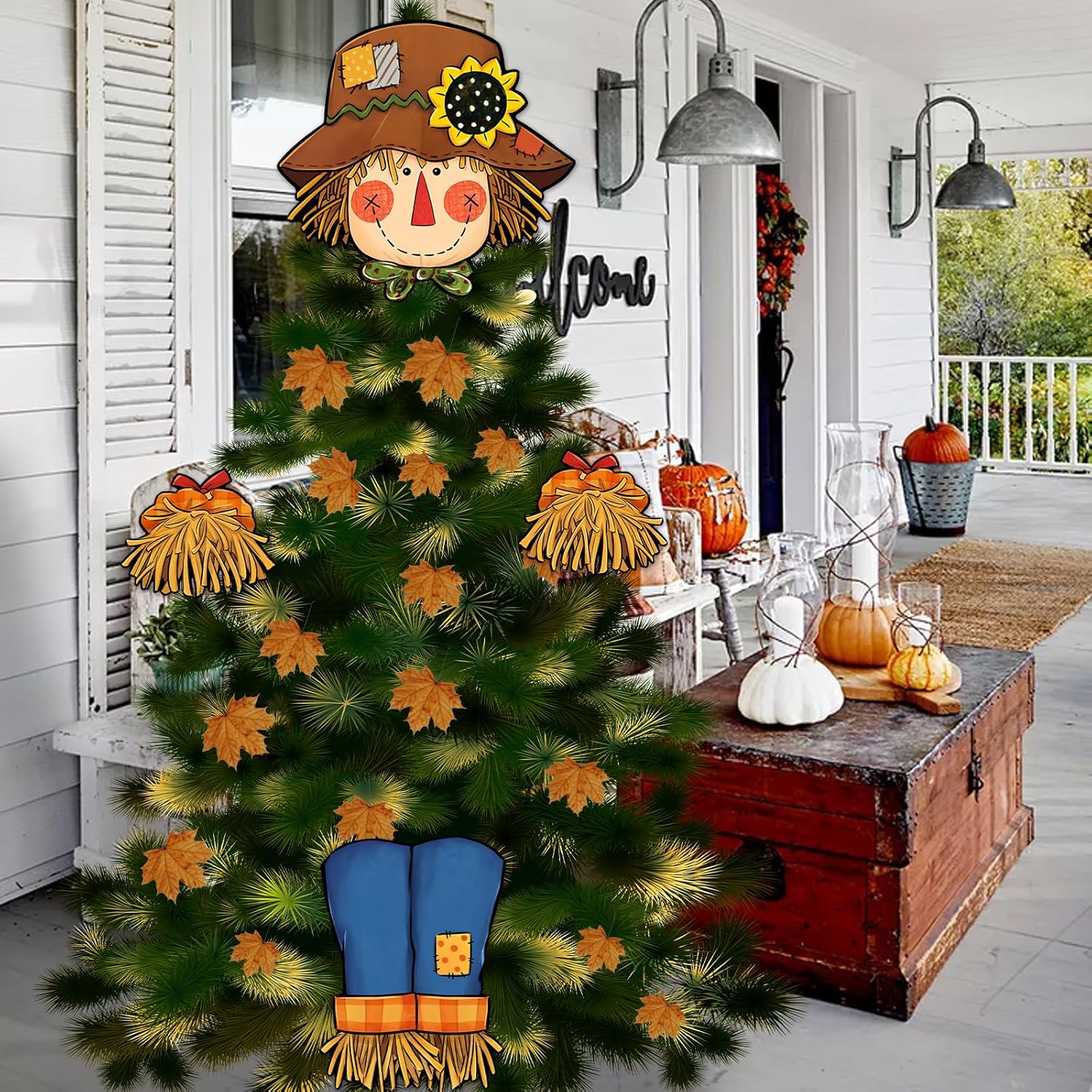 Tree Toppers - Auirre Fall Scarecrow Christmas Tree Topper Head Hands and Legs, Autumn Harvest Farmhouse Decorative Tree Ornaments Decor, Thanksgiving Holiday Indoor Home Decorations Party Supplies