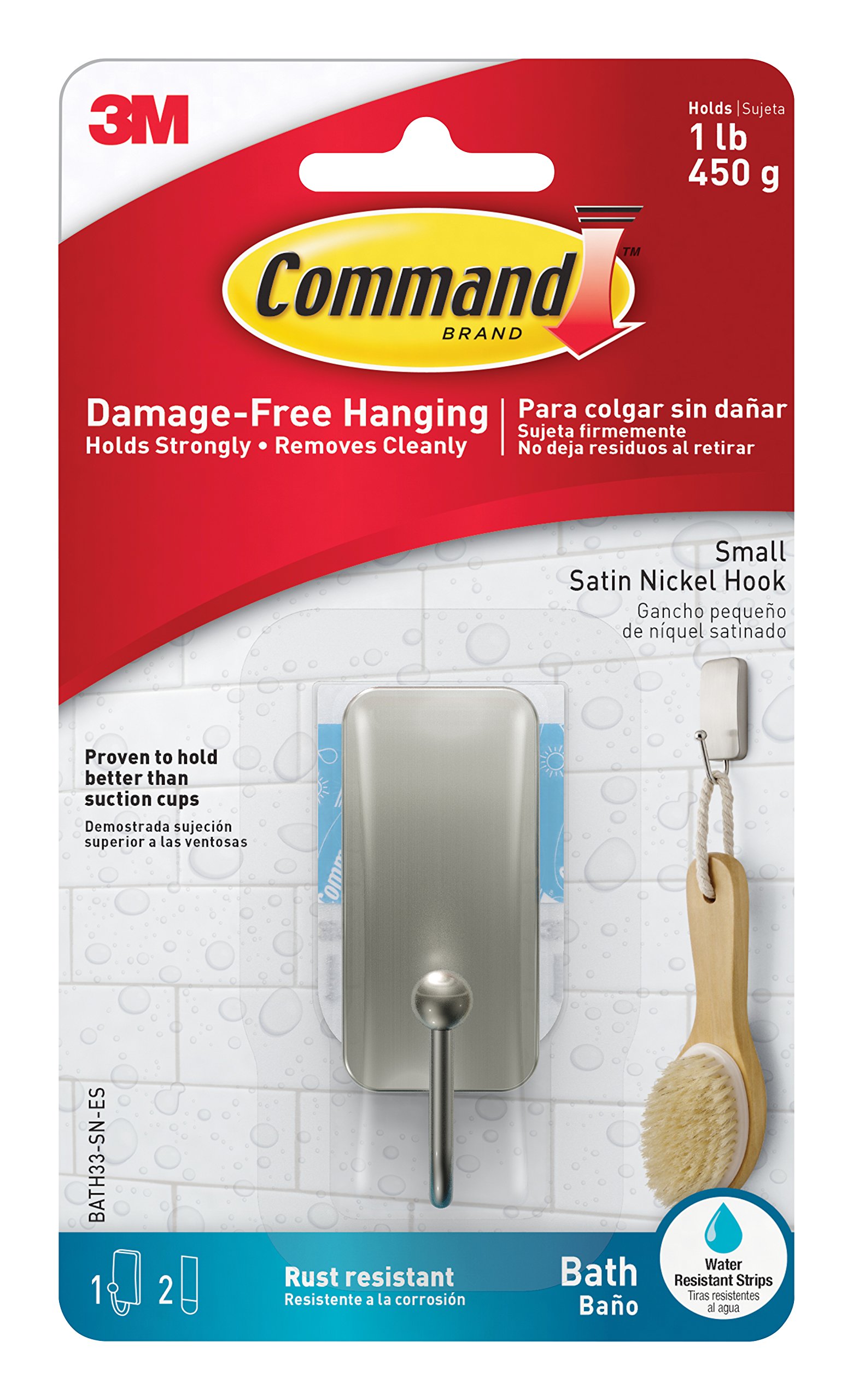Command Bath Hook, Small, Satin Nickel Metal - Water Resistant - 1 Small Hook and 2 Adhesive Strips - Hang Towels, Robes and Other Bathroom Accessories - Ideal to Avoid Drilling Through Tiles