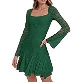 HYPERFIRE Women's Square Neck Floral Lace Mini Dress Flowy Short Dress Mesh Night Out Dresses Club Outfit