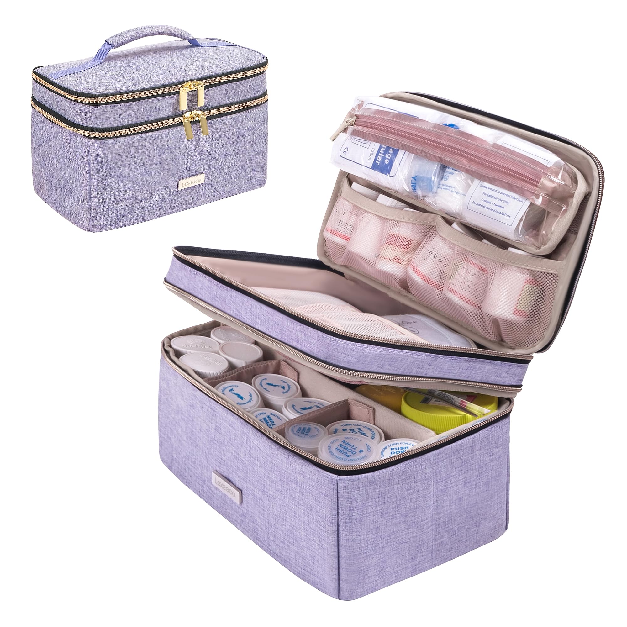Photo 1 of Lexeeco Medicine Storage Bag Pill Bottle Organizer with Portable Small Pouch Travel Medication Bottle Organizer for Emergency Home First Aid Box Kit (Purple)