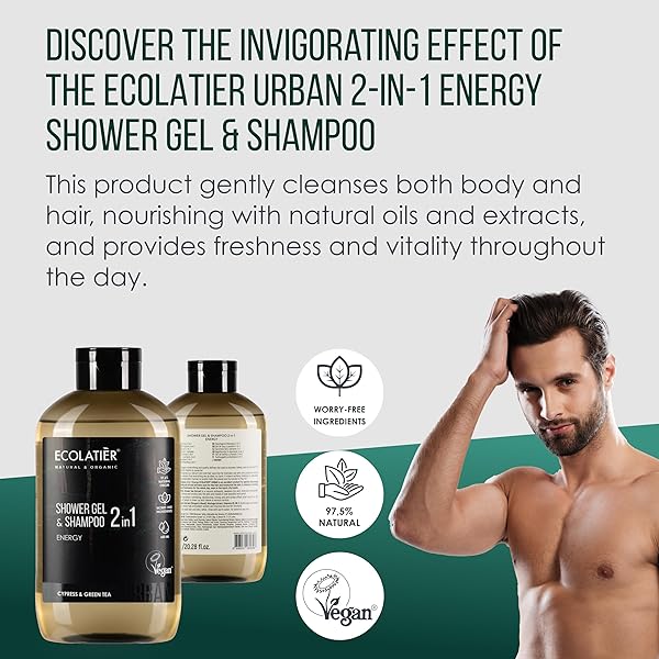 ECOLATIÈR 2-IN-1 BODY WASH MEN & SHAMPOO MEN – ENERGY BOOST, 97.5% NATURAL INGREDIENTS, VEGAN, NATURAL BODY WASH & HAIR CLEANSER, 20.3 FL OZ