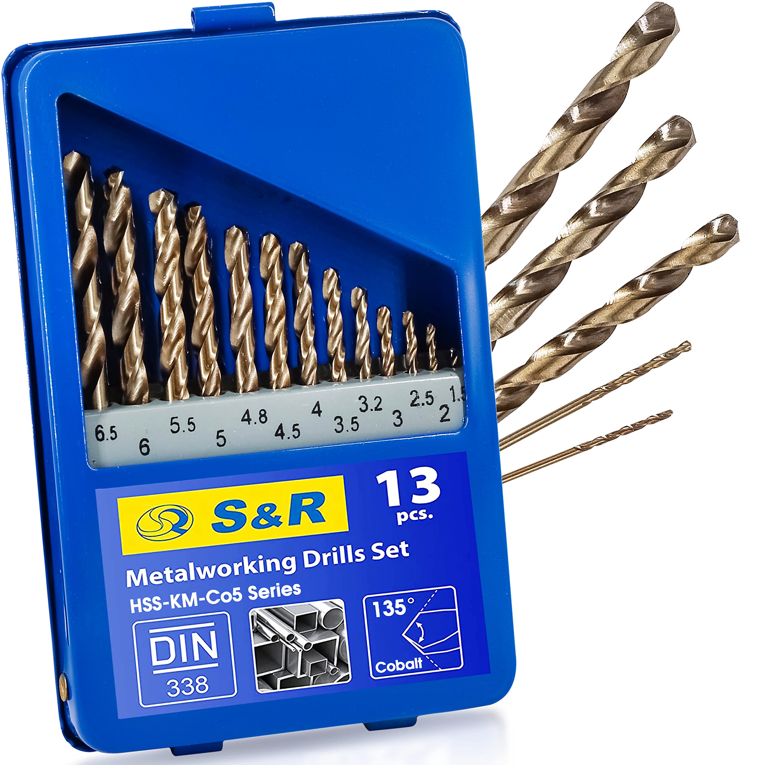 s & R Metal Drill Set 1.5 – 6.5 mm High-Speed Steel Cobalt DIN 338 Cobalt Alloy, 135 °C Cut to DIN 1412, Ground Metal Box Set 13 pcs Professional Grade