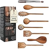 8 Piece Teak Wooden Cooking Spoons Set – Wooden Utensil Set with Spatula Scraper Pasta Spoon Rice Paddle Tongs for Everyday Cooking, Smooth Sanded Finish, Comfortable Grip Handles, Gentle on Cookware