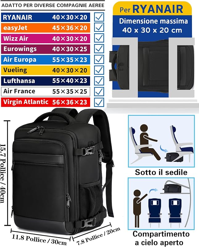 Zaino Ryanair 40x30x20 Bagaglio a Mano Cabina Aereo Under Seat Approvato per EasyJet Wizz Air Eurowings Zaino da Viaggio 24L Porta Computer 15,6 Pollici Nero