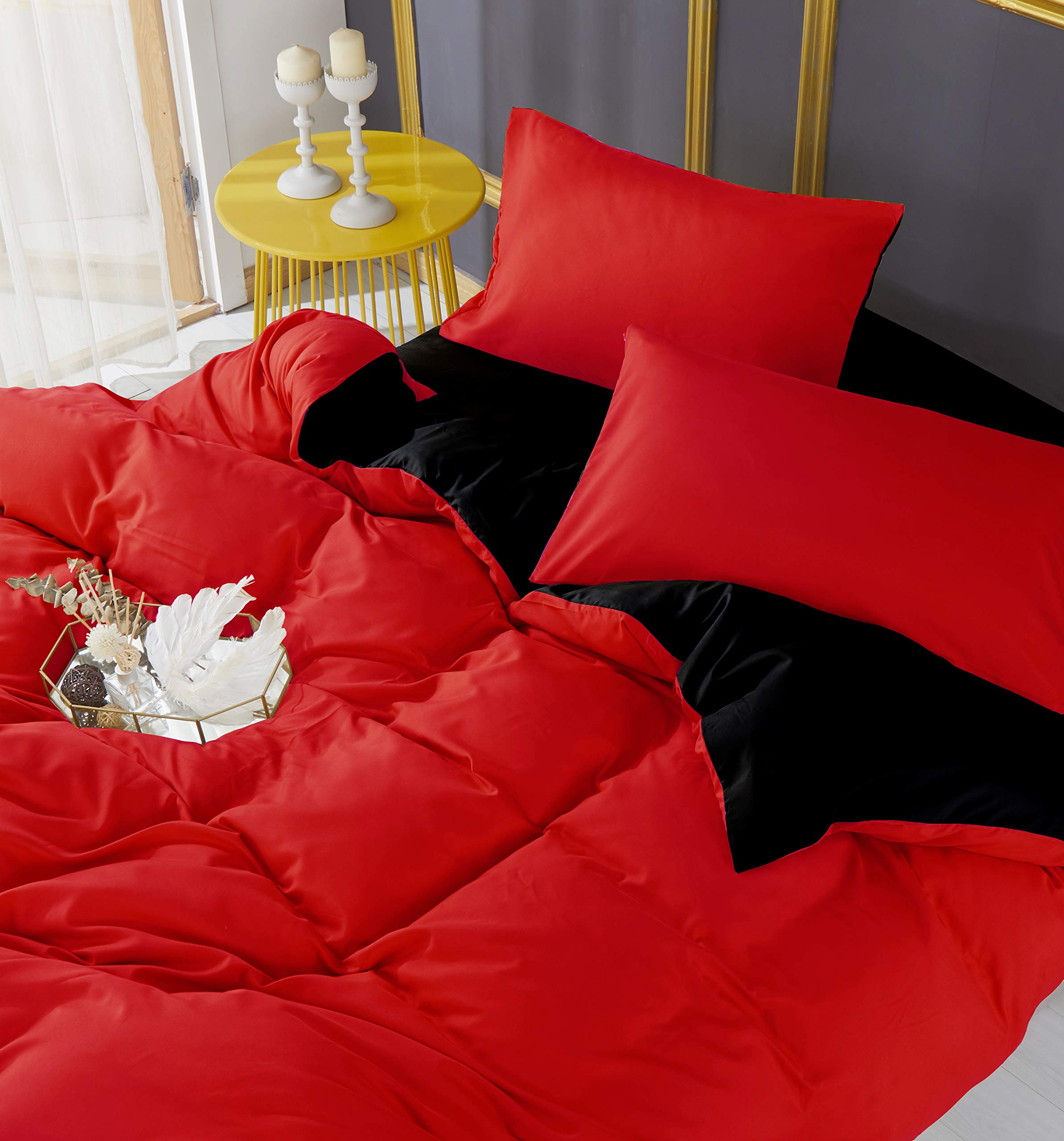 Adam Home 4PCS Complete Reversible king size bedding sets Red Black Bedding & Fitted Sheet 6 Colors Soft Micro Fiber Plain Red Black bedding king size duvet cover