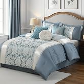 CozyDH Jacquard Queen Comforter Set, Blue White - Luxury 7Pc Bed in a Bag | Elegant Dusty Teal Damask, All-Season Bedding with Bed Skirt, Shams, Decor Pillows, Fluffy Down Alternative, Light Gray-Blue