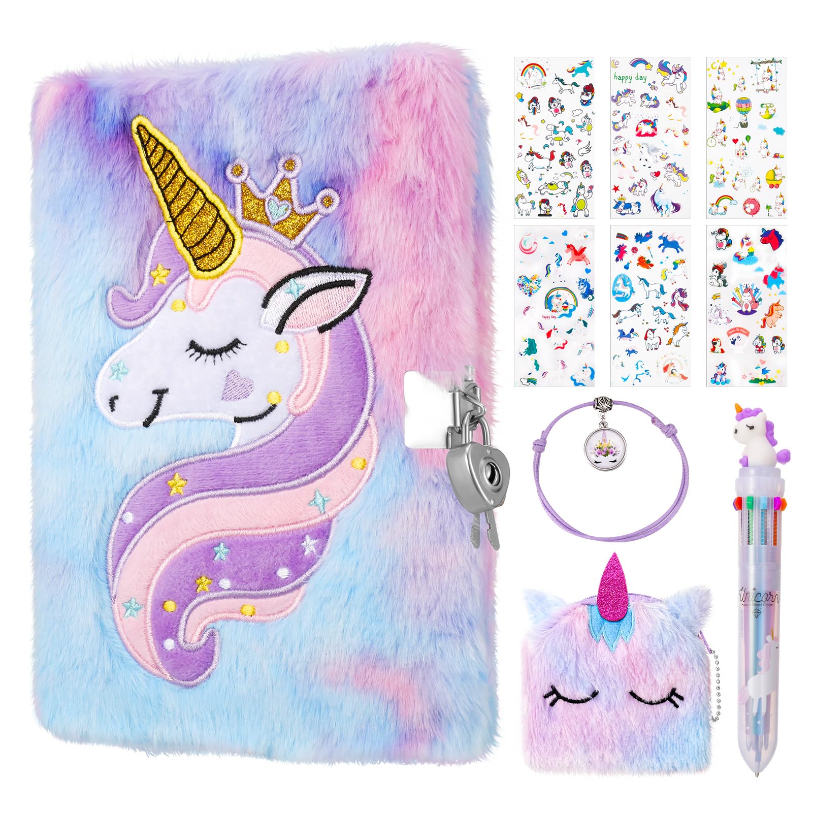 FRIUSATE Unicorn Secret Diary for Girls,Unicorn Lockable Diary Plush Unicorn Notebook Journal Fun Lockets Secret Diary Journal Kids Stationery Gifts Aged 6-13 (160 Pages)