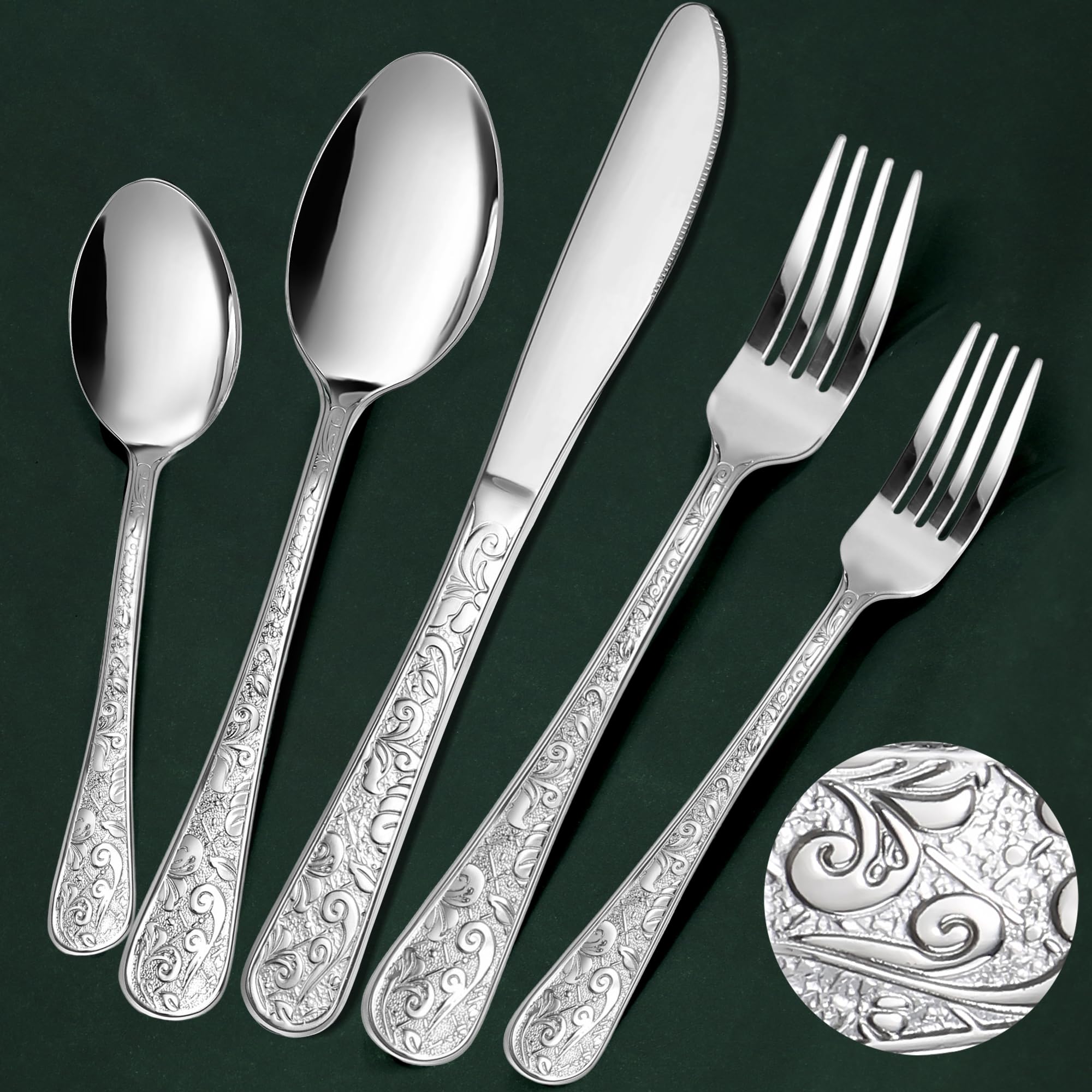 Photo 1 of Meythway 40-Piece Vintage Carved Silverware Set for 8, Stainless Steel Flatware Set with Knife/Fork/Spoon, Cutlery Set for Home and Kitchen, Utensil Set with Dishwasher Safe