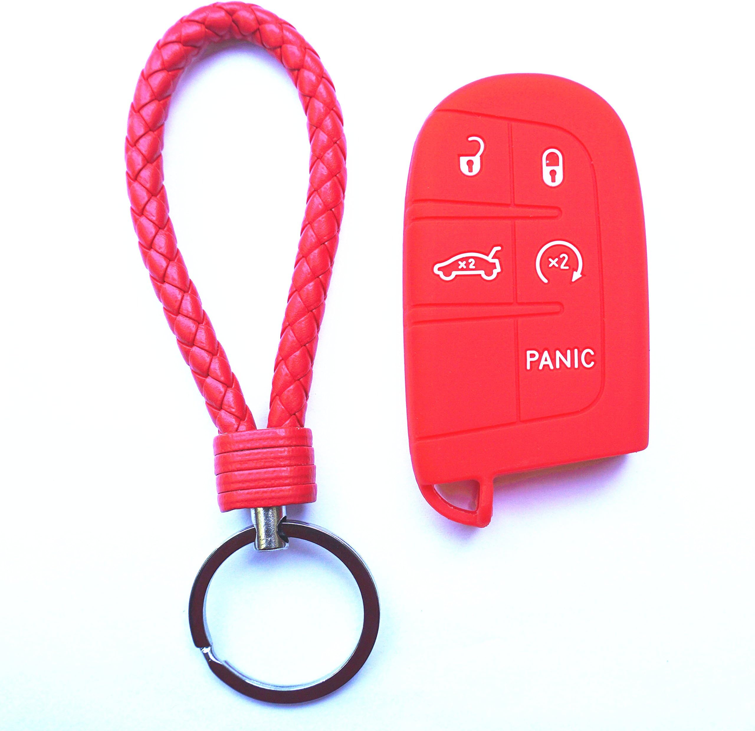WFMJ 1x Red Silicone Key Cover 1x red Keyring 5 Buttons Key Chain Fob Cover Bag for Dodge Jeep Grand Cherokee Charger Dart Challenger Durango Journey Chrysler 300 Fiat