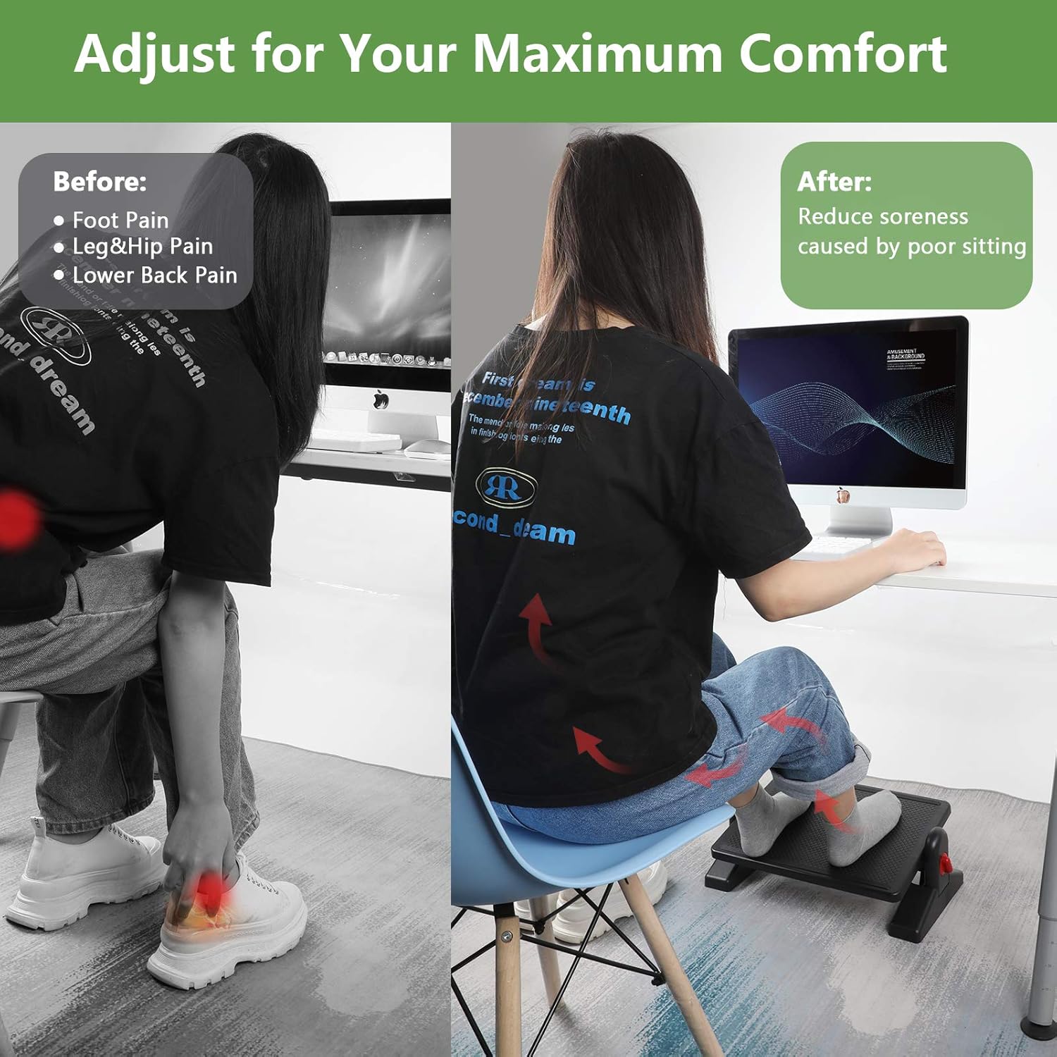 HUANUO Footrest Under Desk - Ergonomic Foot Rest Height Settings and Adjustable Tilt Locked Angles Office Foot Rest for Desk with Massage Surface for Home, Office : Office Products