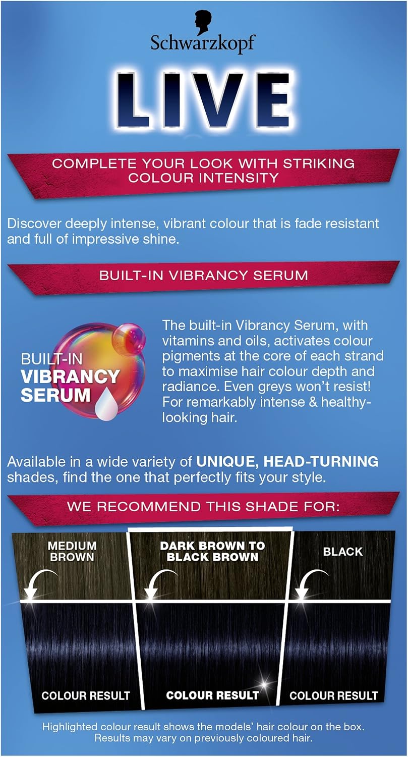Schwarzkopf Live Intense Colour Blue Hair Dye, 3-Pack Permanent Colour & Built-In Vibrancy Serum, 090 Cosmic Blue - Image 4