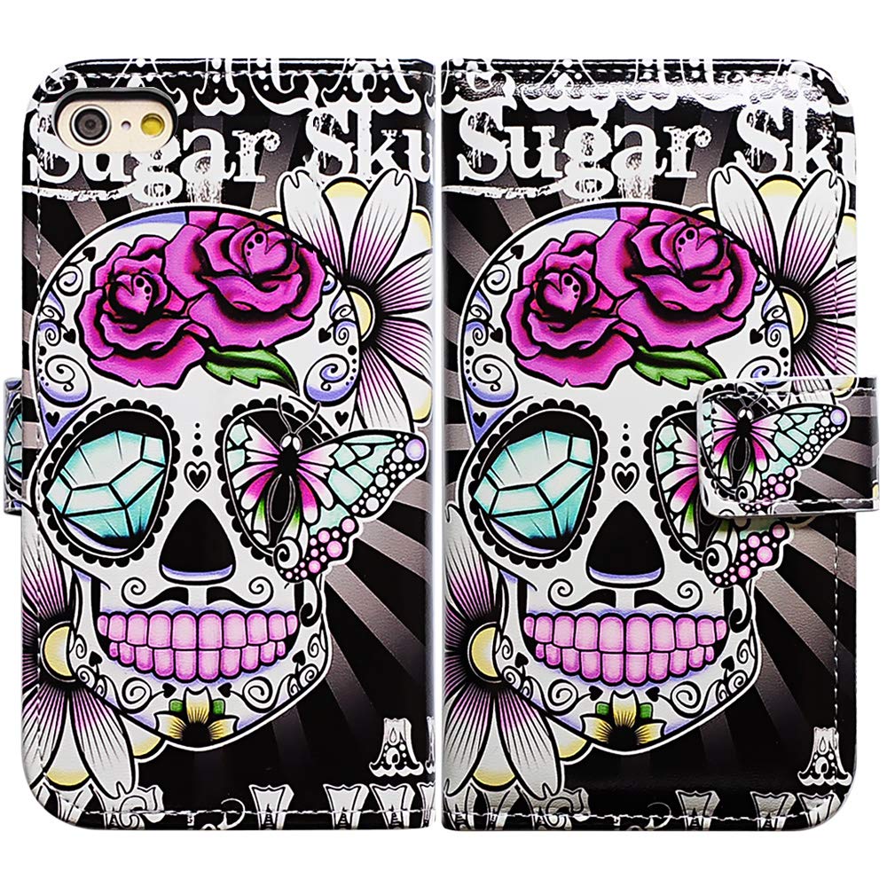 BCOV iPhone SE 3rd Gen Case, Purple Flower Sugar Skull Leather Flip Case Wallet Cover with Card Slot Holder Kickstand For New 4.7" iPhone SE 2022 2020/iPhone 8/iPhone 7