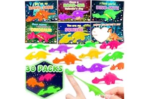 URANUS&NO.1 Valentines Day Gifts for Kids - 30 Pack Valentines Day Greeting Cards with Glow in the Dark Slingshot Dinosaur Fingers Toys, Party Favors for Kids, Classroom Prize School Exchange Supplies