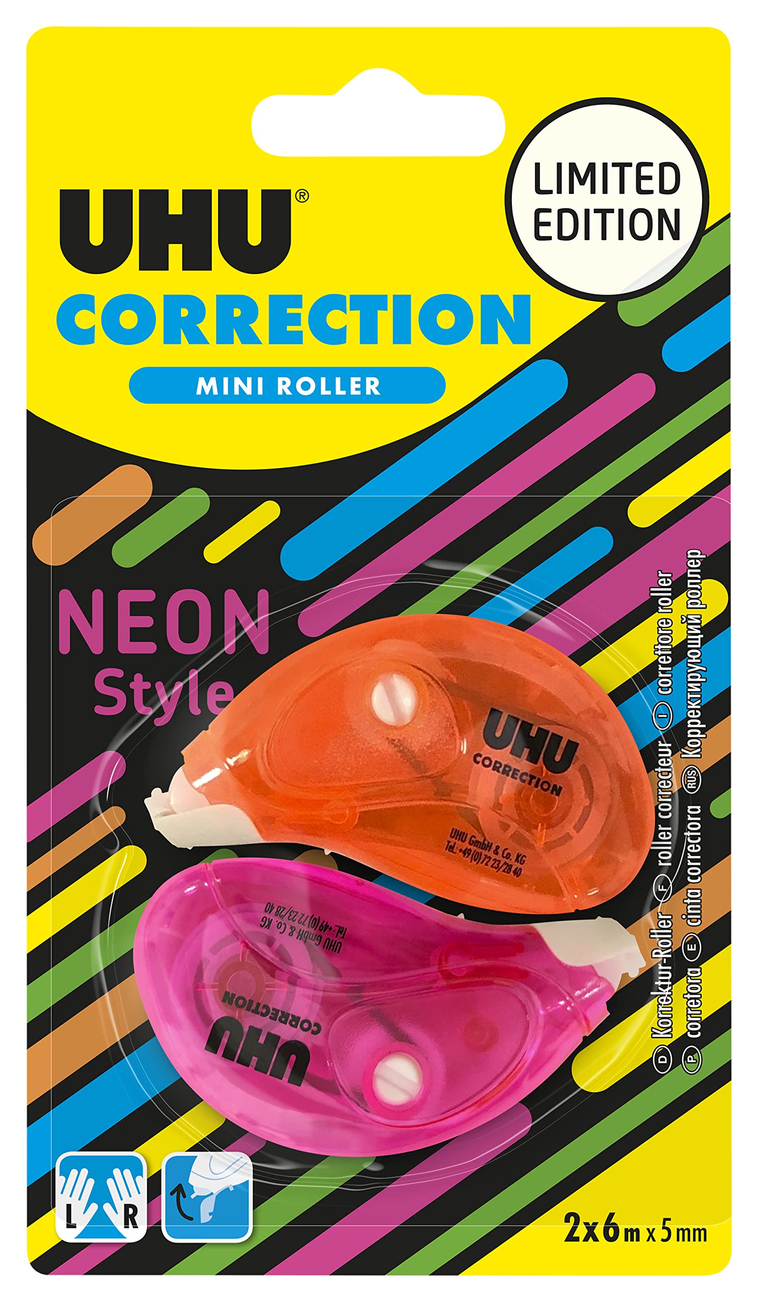 UHU Neon Mini Correction Tape - Correction Tape Fast, Clean and Accurate, White, Pack of 2, 6 m x 5 mm