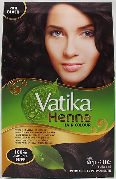DABUR VATIKA HENNA HAIR COLOR – ZERO AMMONIA HAIR DYE AND CONDITIONER FOR STRONG, SHINY HAIR WITH 100% GREY COVERAGE (RICH BLACK), 6 SACHETS X 10G