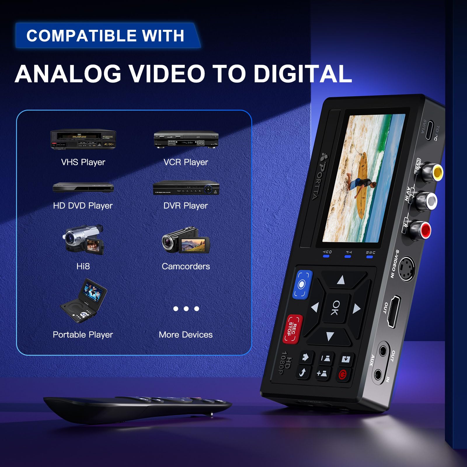 Portta VHS to Digital Converter, Video to Digital Recorder with Remote, Compatible with VHS, VCR, DVR, DVD, Hi8, Mini DV Players, Camcorder, Gaming Consoles (Tapes/DVD Player Not Included)