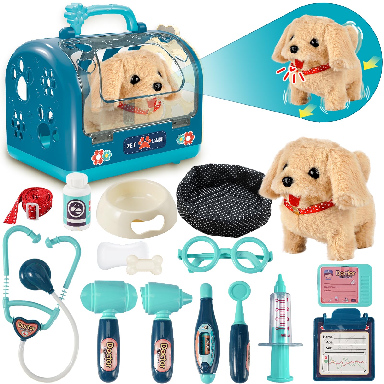STAY GENT 17Pcs Interactive Dog Toys Vet Set with Pet Carrier & Stethoscope, Plush Walking Barking Dog Toy on Lead, Electronic Pets Doctor Pretend Play Toys for 3 4 5 6 7 Years Old Boys Girls