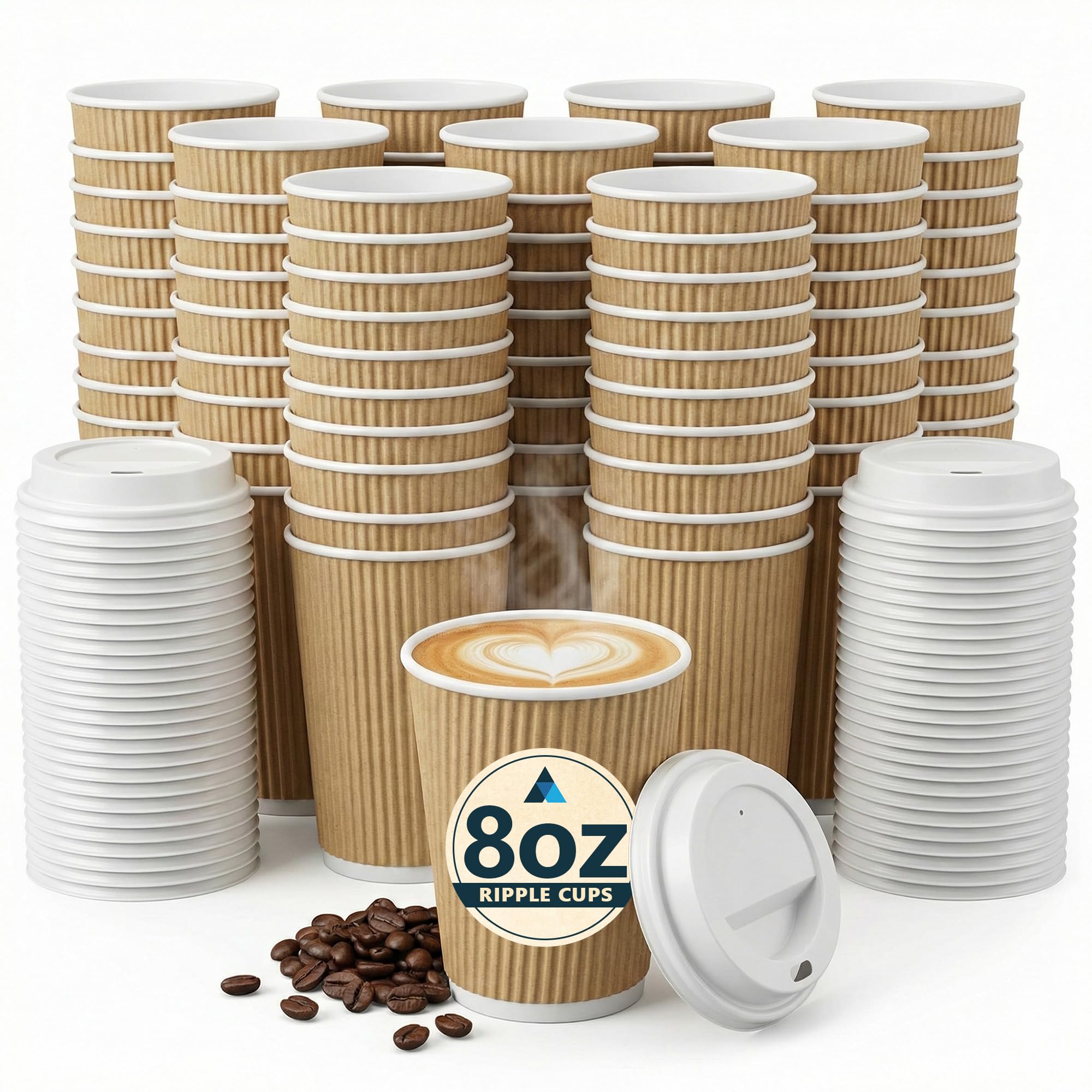 Nationwide Paper 50 Pcs 8oz Coffee Cups with Lids 3 Layer Disposable Ripple Hot Cups - Brown