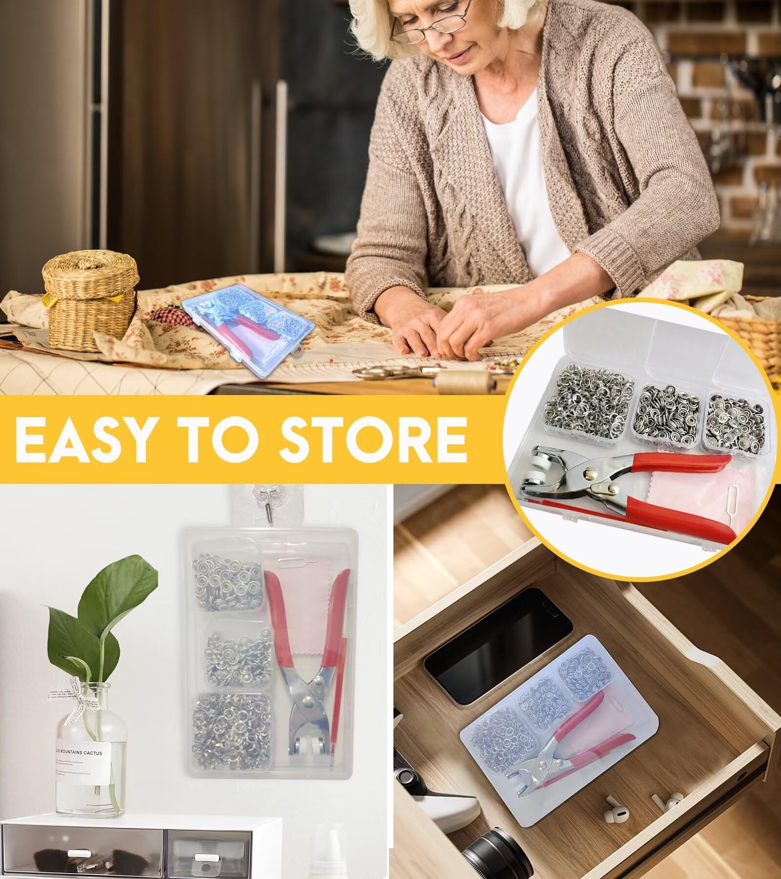 KAXIMON Snap Fasteners Kit 200 Sets, Metal Snap Button Kit with Fastener Pliers No Sewing, 9.5mm Snap on Button Kit Rust Proof DIY Press Studs Button Fix Tools for Fabric Clothing, chrome, SNAP-9.5MM
