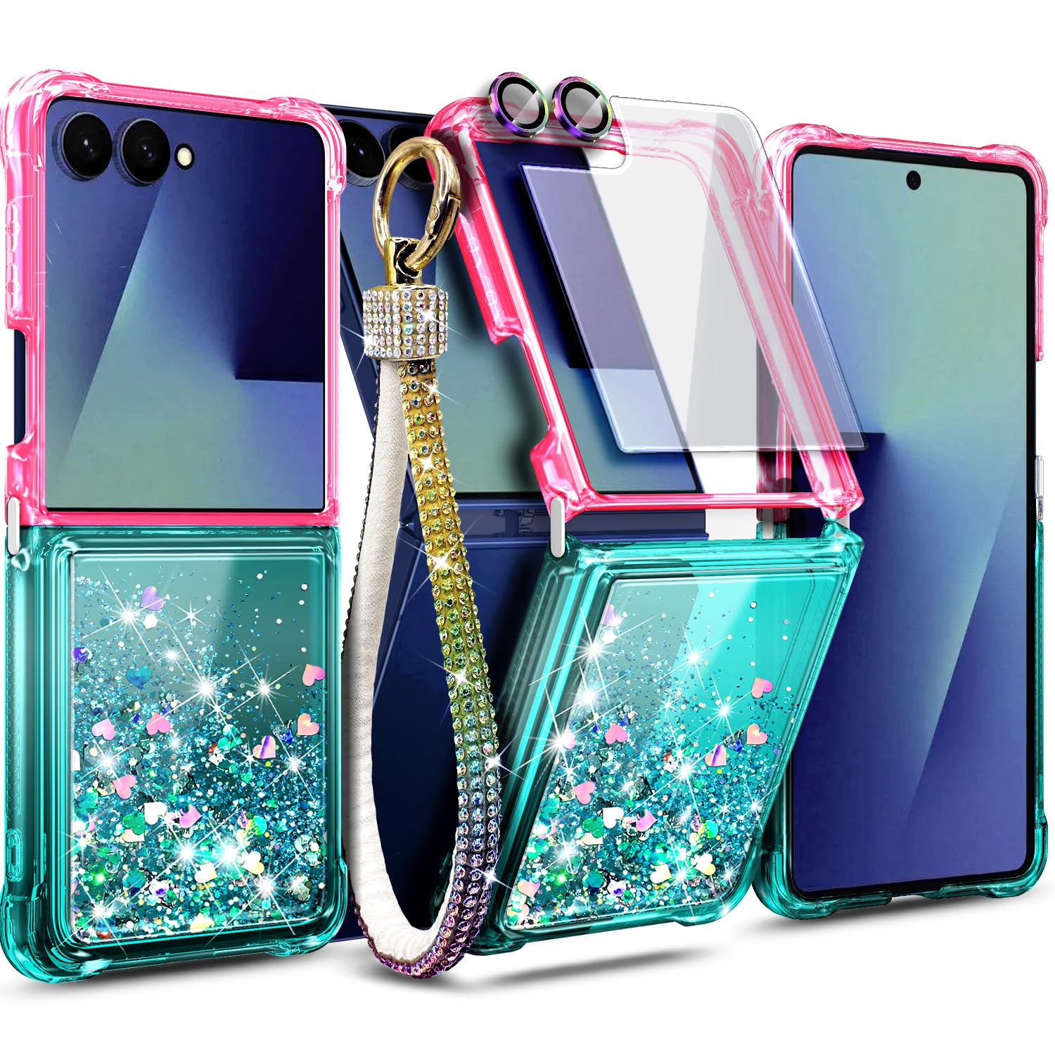 Photo 1 of NGB Designed for Samsung Galaxy-Z-Flip-7 Case, Pink/Aqua | Glitter Liquid Sparkle Cute Cover for Women Girls | with Tempered Glass Screen Protector & Camera Lens Protector & Diamond Wrist Strap