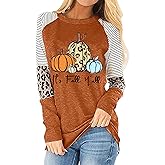 Pumpkin Shirts Women Its Fall Yall Graphic Tee Thanksgiving Tshirt Leopard Splicing Sleeve Fall Shirt Tops (Brown, Medium)