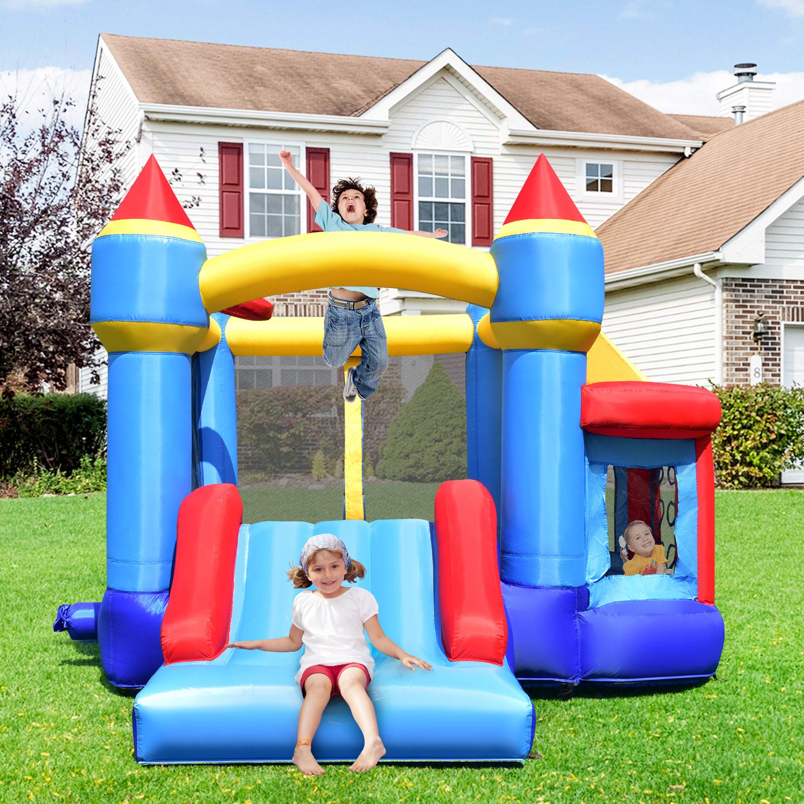 COSTWAY Kinder aufblasbare Hüpfburg, Hüpfburg mit Rutsche, Ballgrube, Reparaturflicken, Aufbewahrungstasche, Kinder-Hüpfburg für Hinterhof, Indoor & Outdoor-Einsatz 270x240x196cm 9