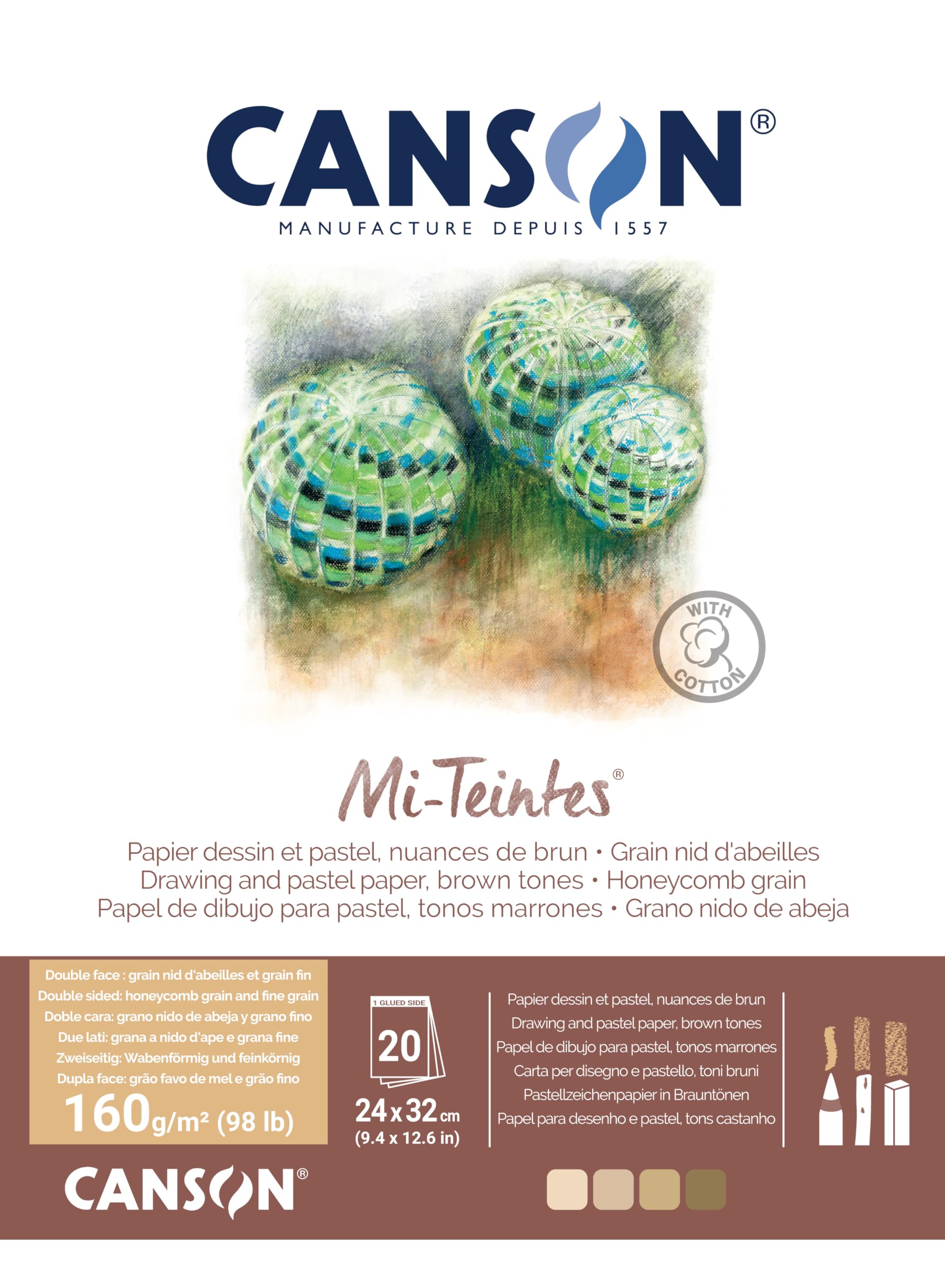 CANSON Mi-Teintes Coloured Drawing 160gsm 24x32cm Paper Pack, Double Sided: Honeycomb & Fine Grain, Pad Glued Short Side, 4 Brown Tones, 20 Sheets, For Professional Artists & Illustrators