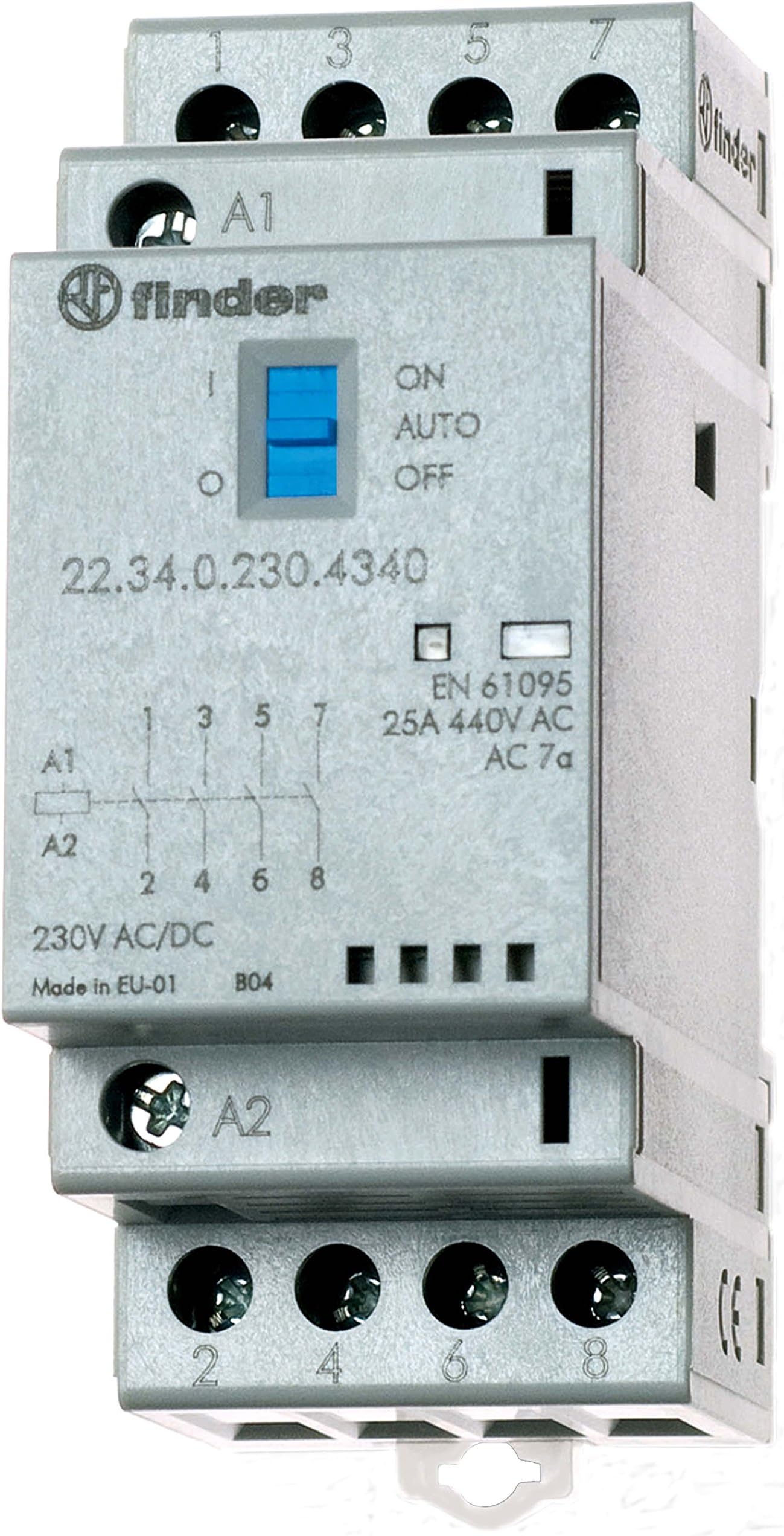Finder 223402304340pas Modular Contactor 230 V AC/DC 4 No. 25 A agsno2 Mechanic/Selector with LED Indicator