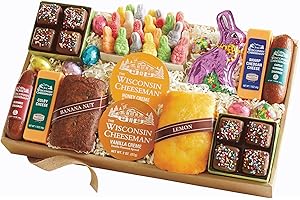 The Wisconsin Cheeseman Easter Snacking Gift Box - 1 lb. 12 oz. of Gourmet Summer Sausage Meats, Cheeses, Petit Four Cakes, Chocolate Cake, Banana Bread, and Gummy Candy, Perfect for Easter Celebrations