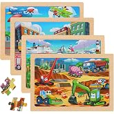 Puzzles for Kids Ages 4-6, 4-Pack 24-Piece Wooden Kids Puzzles | Construction Vehicle Themes | Educational Puzzles for Kids Ages 3-5, Age-Appropriate Learning Toys, Ages 3+