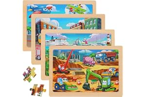 OSBOO Wooden Puzzles for Kids Ages 4-6, 24 Piece Vehicle Car Construction Jigsaw Puzzles 4 Packs, Preschool Toddlers Learning Activity Puzzles Toys for Boys Girls 3 4 5 6 Years Old