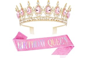Vovii Birthday Crown & Sash Set for Women, Pink Rhinestone Tiara & Birthday Queen Sash for Women Birthday Decorations, Happy Birthday Party Decorations for Birthday Crown Adult Woman