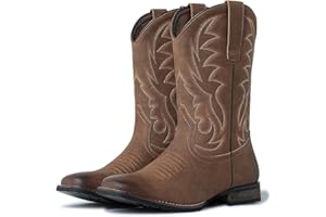 J's.o.l.e Men's Cowboy Boots Wide Square Toe Western Boots for Men Slip-Resistant Pull On Rodeo Boot Brown