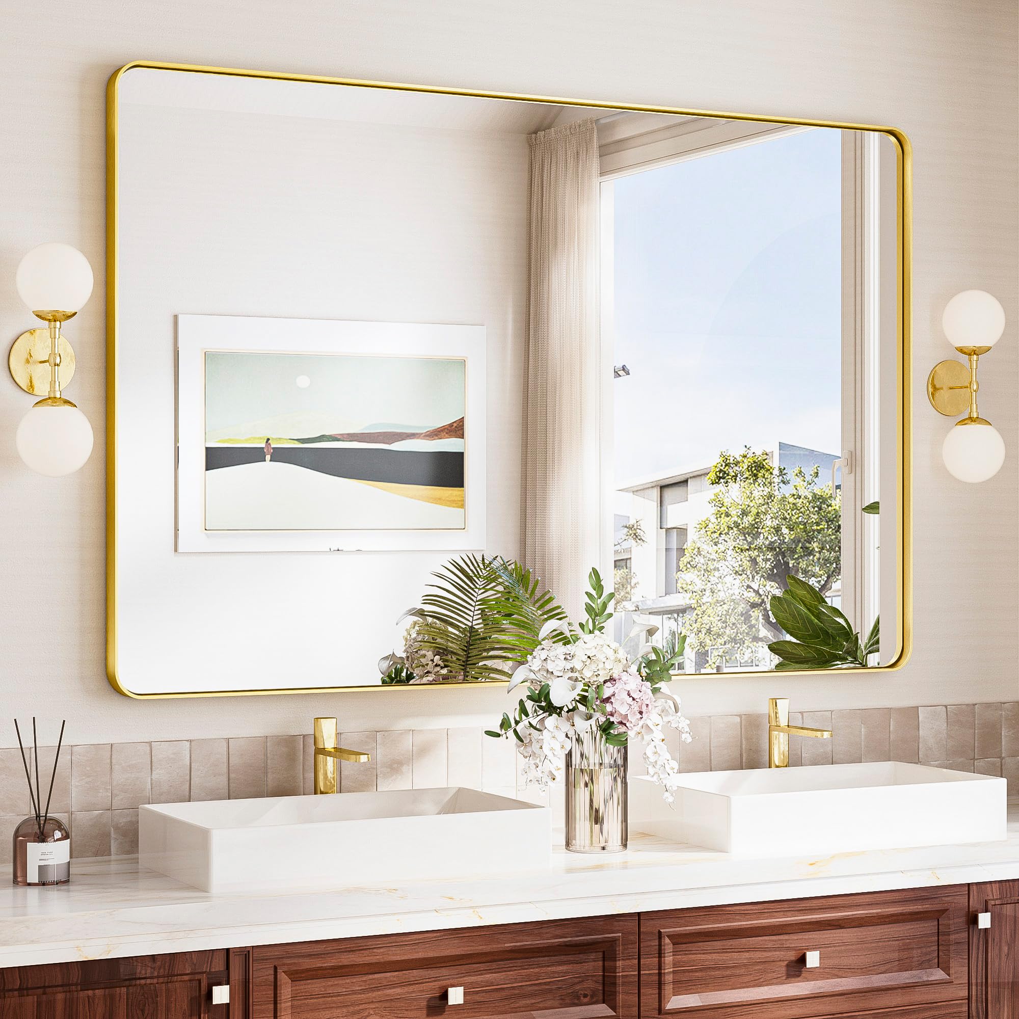 Photo 1 of TokeShimi 55x36 Bathroom Mirror Gold,Aluminum Framed Bathroom Mirrors for Over Sink,Rectangle Vanity Mirror Bath,Shatterproof Tempered Glass Wall Mirror Modern(Horizontal/Vertical)