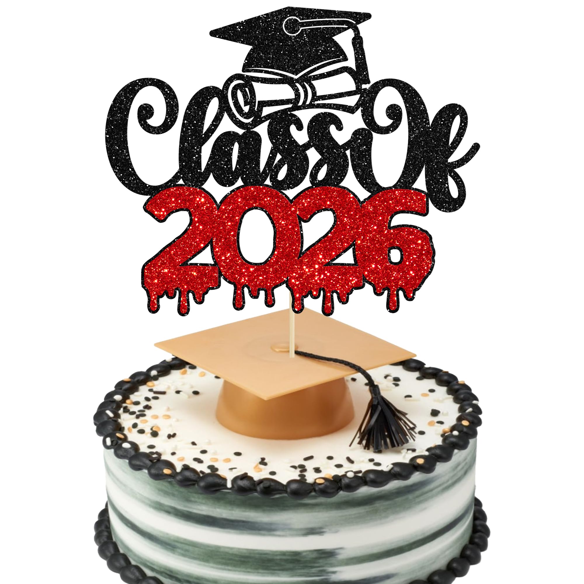 1Pc Congrats Class of 2026 Cake Toppers Graduation Boy Cake Picks Glitter 2026 Graduation Cake Decorations for Theme High School Boys Graduate Cake Decorations Party Supplies Black Red