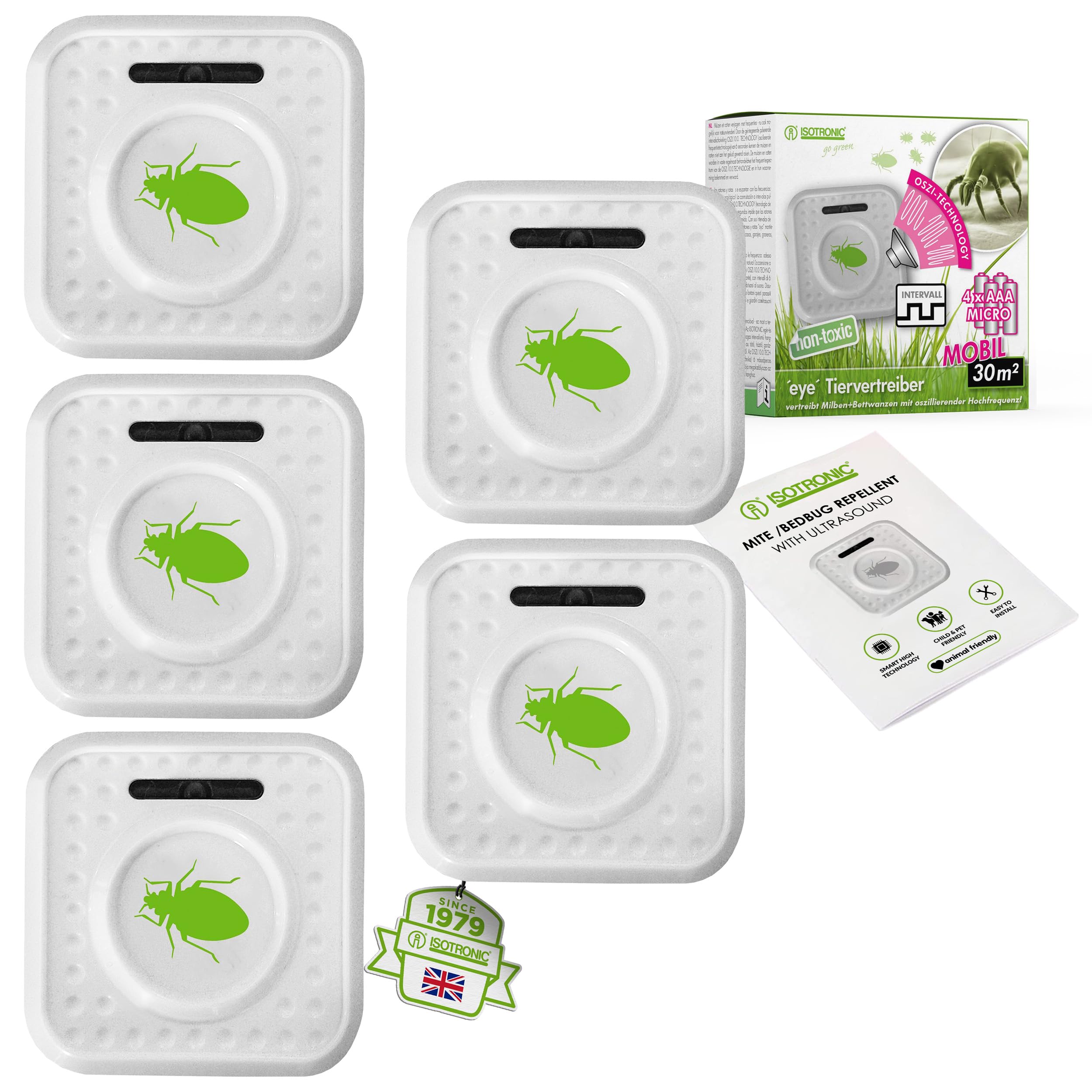 ISOTRONIC® Insect Repellent Against bedbugs and Mites, ultrasonic scarer Indoor Sonic Guard for Sleeping Room, Hotels, Bed Protection, 5 Pieces with Batteries (Included)