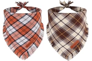ADOGGYGO Fall Dog Bandanas with Tassels Edges, Orange Brown Plaid Scarf Bib, Multi Size, Fall Thanksgiving Halloween Bandanas for Medium Large Dogs (Large)
